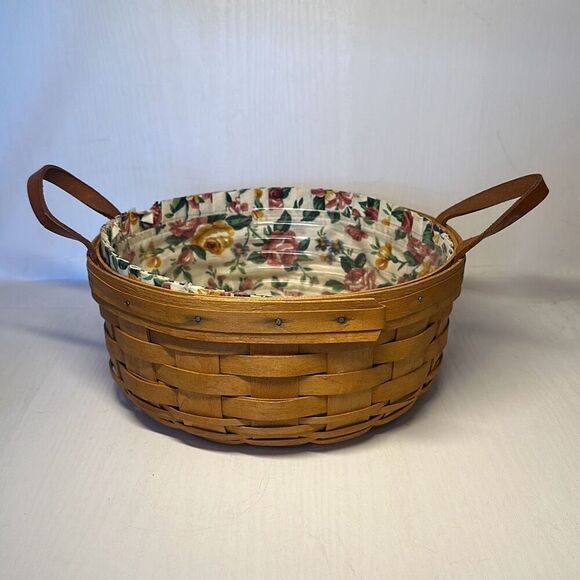 Longaberger Vintage Darning 1995 Round Basket Leather Handles Floral Liner - Picture 1 of 8
